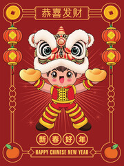 Vintage Chinese new year poster design with horse character. Chinese wording means Wishing you prosperity and wealth, Happy Lunar Year, Prosperity.
