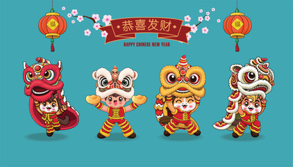 Vintage Chinese new year poster design with horse character. Chinese wording means Wishing you prosperity and wealth, Prosperity.