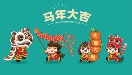 Vintage Chinese new year poster design with horse character. Chinese wording means Auspicious year of the horse, Great fortune and great favor, Prosperity.