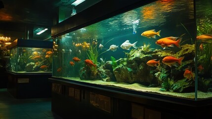 Aquarium tanks with colorful fish in a dark interior