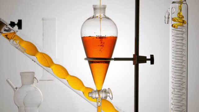 Lab setup with orange fluid poured in a thin stream into a separatory funnel, producing bubbles underwater and flowing down a lab condenser coil on a grey pedestal bg | Glycolic acid solution