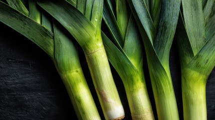 A vibrant image of fresh green leeks lying on a dark textured surface. The contrast highlights the natural colors and textures, making it ideal for culinary or gardening content.