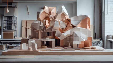 Architectural model, studio, wood, geometric design, creative process
