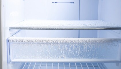 Close up interior view of an empty freezer compartment showing heavy buildup of white frost and ice accumulation on shelves and storage bins signaling necessary defrosting