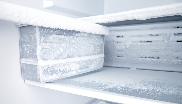 Close up of an empty freezer compartment interior showing heavy build up of white frost and ice crystals covering storage drawers and shelves needing defrosting service.