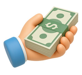 3d cartoon hand holding thick stack of money banknotes with green band isolated