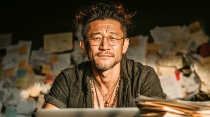 Creative Professional in Cozy Workspace Surrounded by Papers