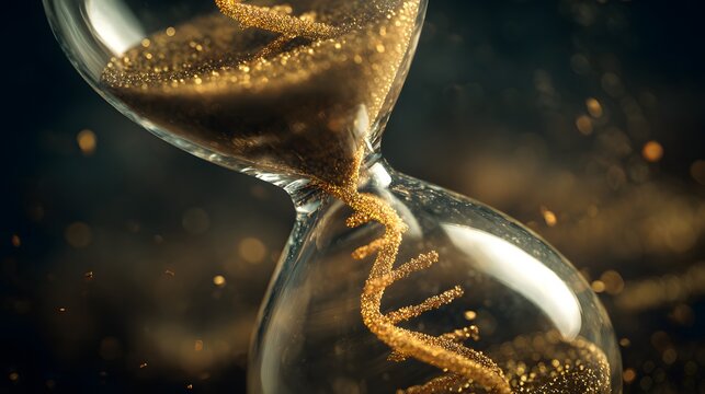 Golden DNA strand inside hourglass symbolizing time and genetics - Powered by Adobe