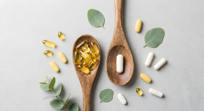 Various nutritional supplements and vitamins in capsules on wooden spoons with green leaves on a light background.