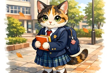 Cute calico cat dressed as a schoolgirl with books and backpack