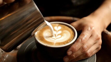 A person pouring steamed milk into a cup of coffee to create a leaf design on the surface