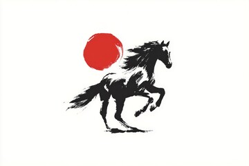 Black Horse Running with Red Sun in Minimalist Ink Style Artwork