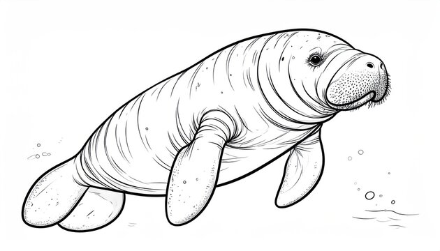 Detailed Line Art Illustration of a Swimming Manatee.
