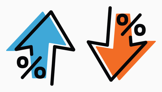 Percent with Arrows Up and Down, Arrow with Percentage Icon, Increasing and Reduction Percentage, Growing and Decline Percent Elements for Business, Banking, Credit, Interest Rate, Finance, Investment
