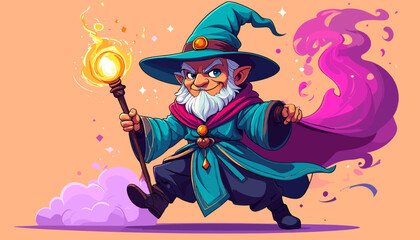 Cartoon Wizard with Staff and Magic, Fantasy Character Illustration.
