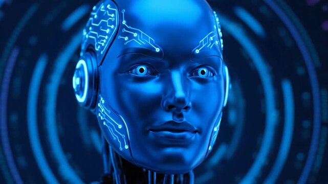 A close-up of a blue-toned robot face featuring circuit-like patterns and glowing eyes
