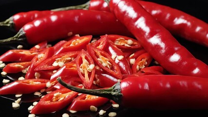 Vibrant red chili peppers both whole and freshly sliced are meticulously arranged on a dark surface showcasing their fiery intensity and the intricate details of their seeds perfect for culinary and .