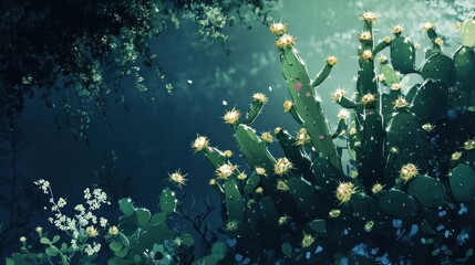 Artistic cactus illustration, glowing flowers, dark forest background, possible use in greeting cards or digital art