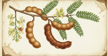 Vintage Botanical Illustration of Tamarind Plant, Generative AI