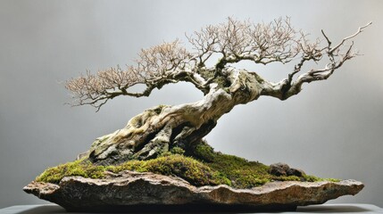 Artistic bonsai tree on rock, indoor display, minimalist background