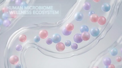Gentle Microscopic Flow: Pastel Spheres in Transparent Pathways, Illustrating Cellular Processes & Nutrient Transport