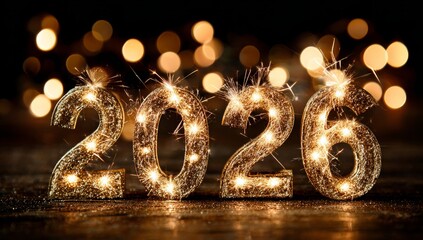 Sparkling Gold Number Candles Celebrating New Year 2026 in Dark Background