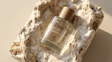 Natural Essence Bottle on Textured Stone, Minimalist Beauty Product Photography