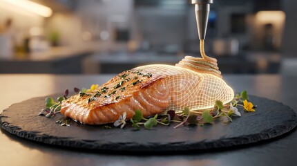 Culinary Salmon Preparation: Chef Drizzling Sauce on Gourmet Fillet