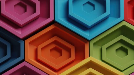Colorful, three-dimensional geometric pattern with nested hexagonal shapes and vibrant hues