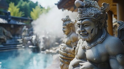 Asian stone statues in a hot spring resort with misty bamboo forest background. Potential use for travel brochures or spa ads