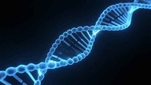 Rotating DNA Double Helix with Glowing Blue Nodes &ndash; 3D Molecular Animation on Dark Background