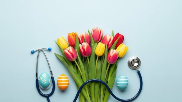 Colorful tulips, Easter eggs, and a stethoscope on a light blue backdrop, evoking health