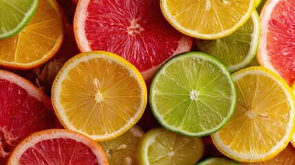 A colorful assortment of citrus fruits featuring lemon, lime, and grapefruit slices, showcasing their varied hues and juicy textures.