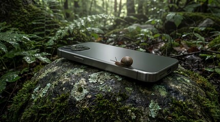Modern Smartphone on Moss-Covered Forest Floor with Small Snail