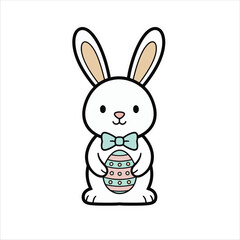 A cute cartoon white Easter bunny wearing a blue bow tie and holding a decorated pink and blue egg.