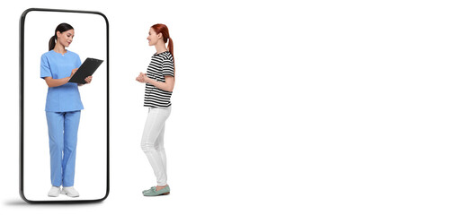 Online doctor. Woman talking with healthcare worker in mobile phone screen against white...