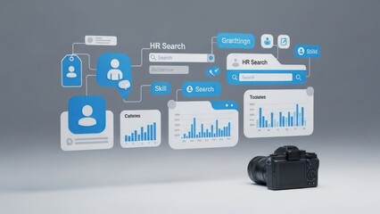 Diagram floats, showcasing HR search flow with data visualizations and a camera on a surface