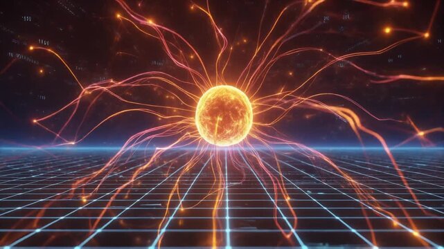 3D Animation of Expanding Neural Connections in Artificial Intelligence System &ndash; Glowing Sphere and Data Streams