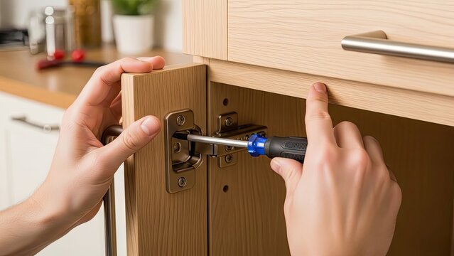Hands assembling cabinet with screwdriver in modern kitchen
