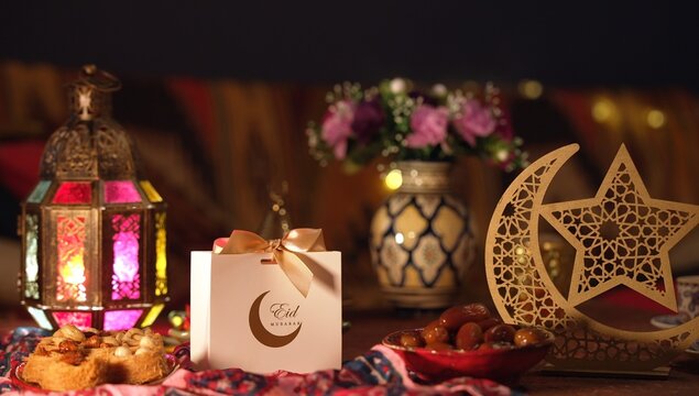 Traditional holiday treats and a decorative gift box for Ramadan.