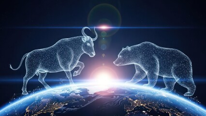 Digital bull & bear stand on globe, glowing lines, sunrise in background, representing markets