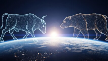 Digital bull and bear, constructed from dots, face each other above a glowing Earth