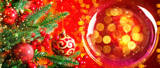 Glass Christmas ball and decorated tree on red background. Banner design