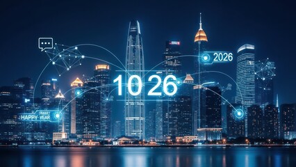 Digital cityscape with glowing date, connections, and optimistic message against a night sky