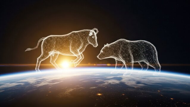 Digital bull and bear wireframes, on Earth's curve, sunrise backdrop, space - Powered by Adobe