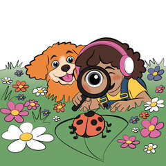 Little Girl Exploring Nature With Magnifying Glass and Dog &ndash; Cute Children&rsquo;s Illustration