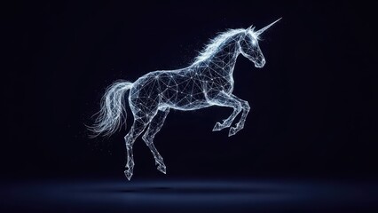 Digital, luminescent unicorn rearing. Futuristic lines form the mythical creature against a dark background