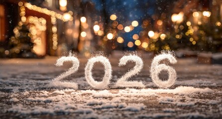 Year 2026 Snow Number Formed on Frosty Ground During Night with Blurred Lights