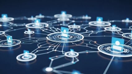 Digital network of interconnected user icons on a dark blue background, futuristic