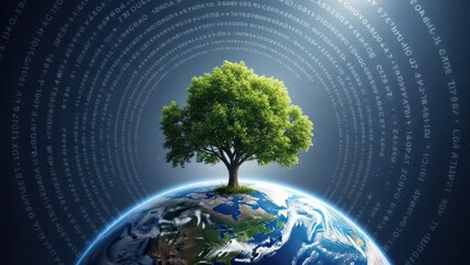 Digital overlay around a tree on the Earth, symbolizing nature intertwined with technology